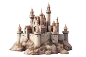 Majestic medieval castle perched on rocky hilltop, featuring turrets and stone walls. Perfect for fantasy and historical themes. png