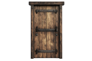 Rustic wooden door with metal hinges and handles, isolated on a transparent background. Perfect for architectural and design projects. png