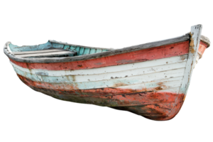 Old wooden boat with peeling paint and rustic charm, isolated on transparent background. Perfect for maritime, nautical, and vintage-themed projects. png