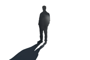Silhouette of a person casting a long shadow, isolated on transparent background. representing mystery, anonymity, and solitude. png