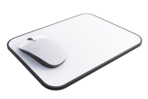 Sleek white computer mouse on matching mouse pad, isolated on transparent background. Perfect for technology, office, and productivity themes. png