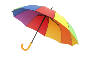 Vibrant rainbow-colored umbrella with multicolored segments, isolated on a transparent background. perfect for weather and accessory themes. png