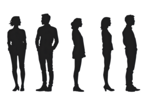 Silhouettes of five people standing in different postures, isolated on transparent background. Perfect for various design and illustration projects. png