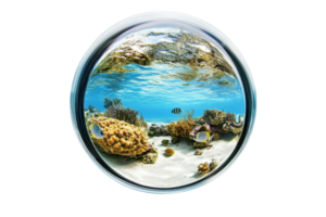 Stunning fisheye view of a vibrant underwater coral reef teeming with colorful marine life in crystal clear blue water. png