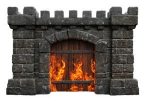 Stone medieval castle gate engulfed in flames, illustrating a dramatic and fiery scene of historical architecture and war. png
