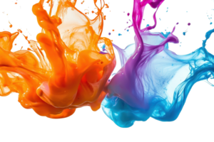 Vibrant splashes of orange, blue, and purple ink flow dynamically in water, creating a colorful and artistic abstract scene. png