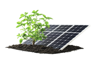 Solar panel embedded in soil with small green plant, symbolizing renewable energy and environmental sustainability. png