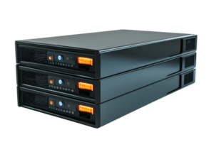 Three black server units stacked together, showcasing modern data storage solutions with sleek design and advanced technology features. png