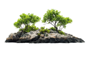 Vibrant green trees and rugged rocky outcrop isolated on transparent background. perfect for nature or landscape themes. png