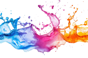 Vibrant splashes of colorful paint mixing together, creating a dynamic and artistic display of blue, pink, and orange colors in a fluid motion. png