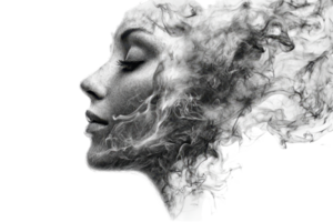 Surreal digital art of a woman's face merging with smoke, symbolizing abstract thinking and creativity. png