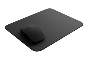 Top-down view of a sleek black mouse on a matching mouse pad, ideal for modern workspaces and promoting productivity. png
