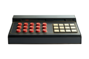 Vintage electronic calculator with red and black buttons, a historical computing device showcasing retro technology. png