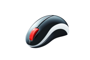Wireless computer mouse with a sleek black and red design, isolated on a transparent background. ideal for technology and office-related projects. png