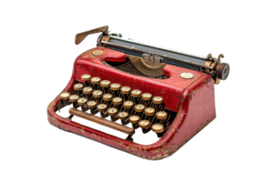 Vintage red typewriter with worn keys and a charming rustic look, perfect for adding a nostalgic touch to any creative project or decor. png