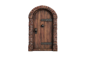 Vintage wooden arched door with brick frame and rustic metal hardware, isolated on transparent background. perfect for architectural themes. png
