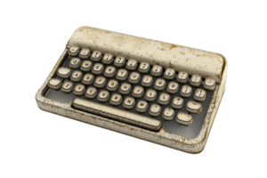 Vintage typewriter isolated on transparent background. Retro style writing machine with worn-out keys and frame. Perfect for nostalgic or historical themes. png