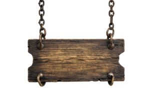 Clásico de madera firmar colgando desde rústico cadenas en un transparente antecedentes. Perfecto para varios diseño proyectos, anuncios, y más. png