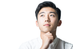Young man pondering an idea with a thoughtful expression, isolated on transparent background. Concept of thinking, decision making, and innovation. png