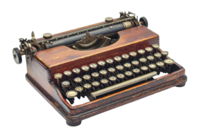 Vintage manual typewriter with wooden case and round keys, isolated on transparent background. conveying nostalgia and retro charm. png