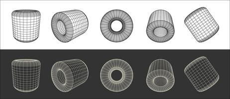 Wireframe 3D tube shapes. graphic asset in a retro futuristic style, featuring wireframe elements in various forms and bold modern shapes, ideal for design templates, posters, banners, clothing vector