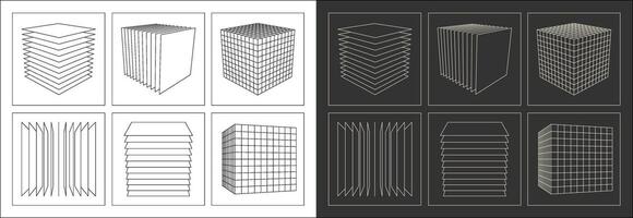 Wireframe 3D cube shapes. graphic asset in a retro futuristic style, featuring wireframe elements in various forms and bold modern shapes, ideal for design templates, posters, banners, clothing vector