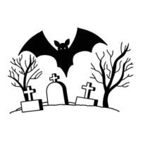 Bat Flying Over a Graveyard Scene with Haunting Trees vector