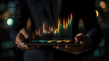 Person Holding Tablet Showing a Financial Graph photo