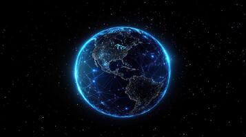 A glowing blue Earth with a network of lines and dots against a black starry background. photo