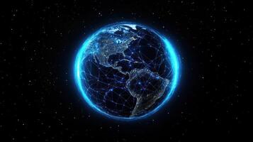 A glowing Earth with connected city lights in a black space with stars. photo