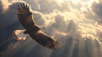 Bald Eagle Soaring Through Sunlit Clouds photo