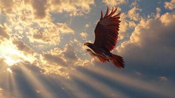 Golden Light Illuminates a Soaring Eagle in a Cloudy Sky photo