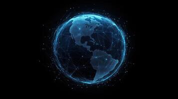 A blue glowing globe with a network of lines and dots. photo