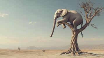 Elephant Perched on a Branch of a Dead Tree in a Desert Landscape photo