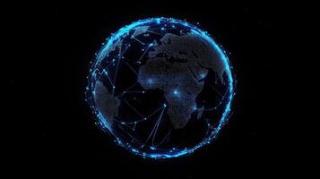 Digital representation of the Earth with glowing blue lines and dots, representing connectivity. photo