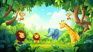 Cartoon animals in a lush green jungle scene photo