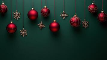 Red Christmas Ornaments and Snowflakes Hanging on Green Background photo