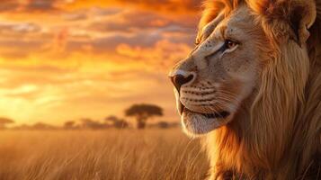 Close-up Portrait of a Majestic Lion Against a Vibrant Sunset photo