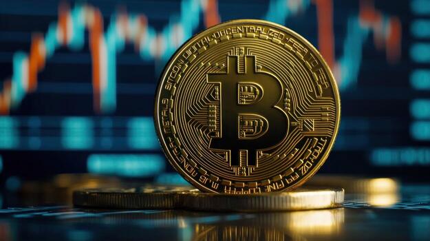 A Bitcoin Cryptocurrency Coin Resting on Other Coins Against a Blue and Orange Stock Chart Background photo