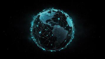 A glowing blue Earth with a digital network overlay against a starry background photo