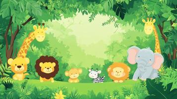 Cute Cartoon Animals in a Lush Green Jungle photo