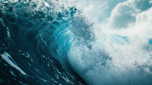 Close-up of a breaking ocean wave with white foam and a blue sky above photo