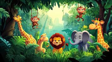 Cartoon Animals in a Lush Green Jungle Setting photo
