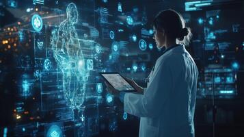 Female Doctor Analyzing Digital Human Model with Tablet photo