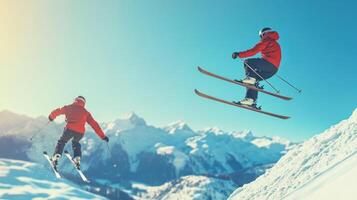 Two Skiers Airborne Over Snowy Mountain Range photo