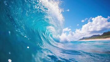 Close-up of a Large Ocean Wave Breaking in Turquoise Waters photo