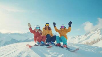 Three Female Skiers Posing On Snowy Mountain Peak photo