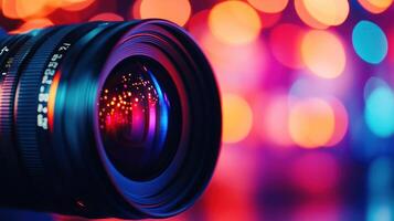 Camera Lens with Bokeh Lights in Red, Orange and Blue photo