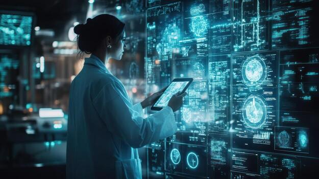 Woman in Lab Coat Examining Data on Futuristic Screen photo