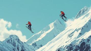 Two Skiers Soaring Over Snowy Mountain Peak photo